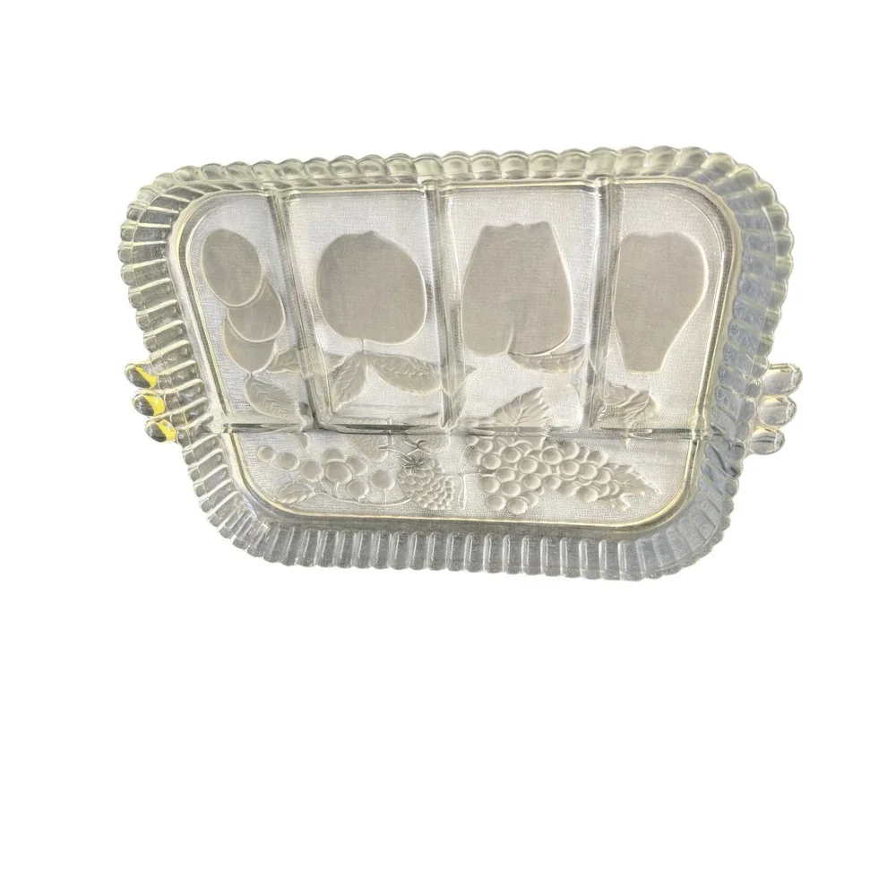 Satin Frost Relish Tray Glass 12x9 Clear Excellent 5 Compartment Fruit Embossed